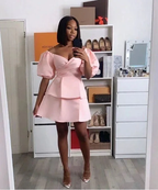 Pink Satin Short Homecoming Dress With Puffy Sleeves Y2183 by simplepromdress