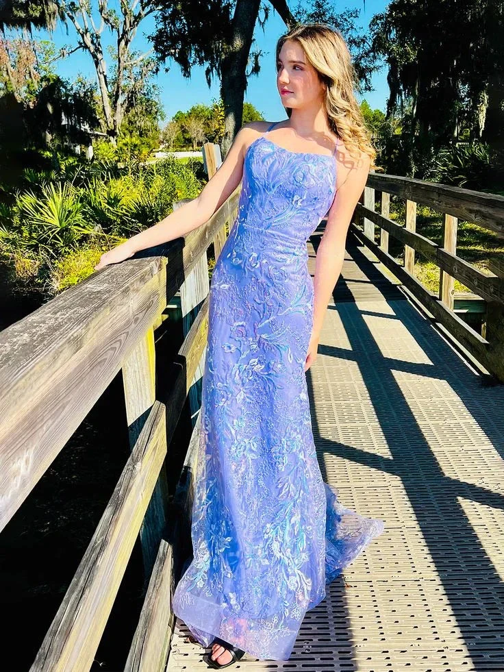 Charming Mermaid Spagehtti Straps Lilac Lace Sequin Long Prom Dress Evening Dress Y8235 by simplepromdress