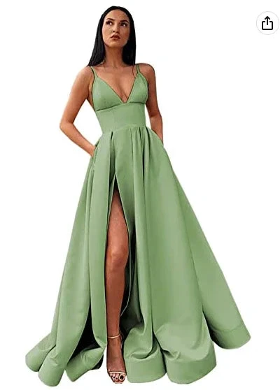 V-Neck Slit Satin Long Prom Dress Spaghetti Strap Evening Ball Gown with Pockets S14431 by simplepromdress