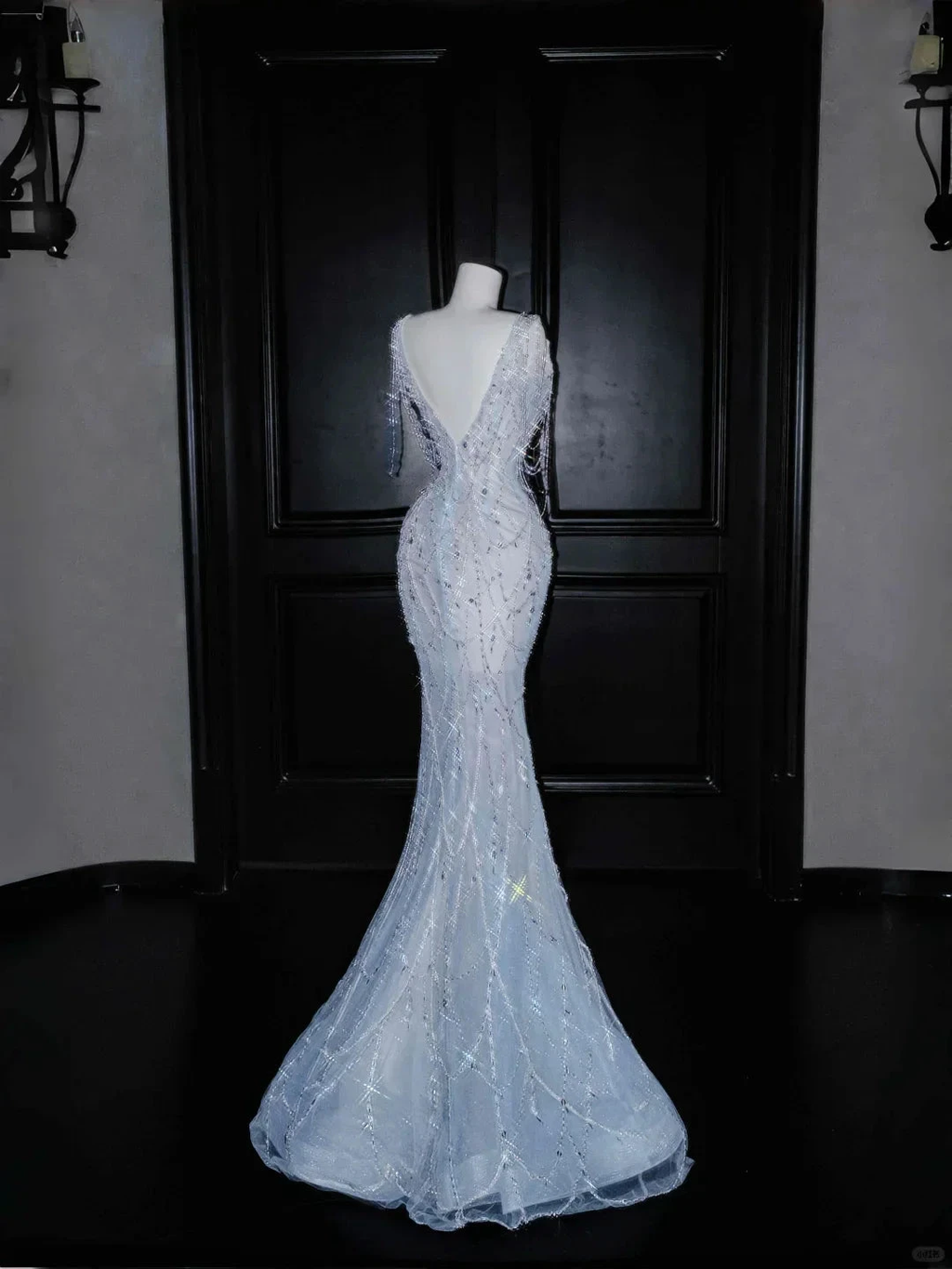 Dream Blue Tulle Beaded Chain V Neck Long Mermaid Prom Dress Evening Dress Y8665 by simplepromdress