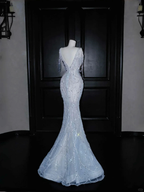 Dream Blue Tulle Beaded Chain V Neck Long Mermaid Prom Dress Evening Dress Y8665 by simplepromdress
