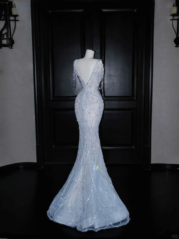Dream Blue Tulle Beaded Chain V Neck Long Mermaid Prom Dress Evening Dress Y8665