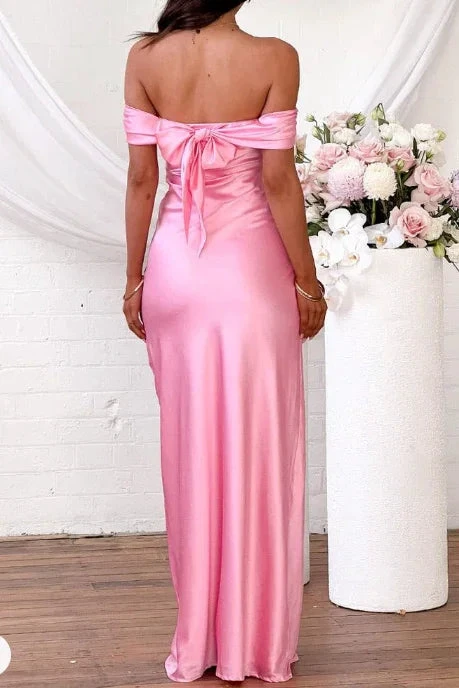 Pink Off The Shoulder Satin Long Prom Evening Dress Y8093 by simplepromdress