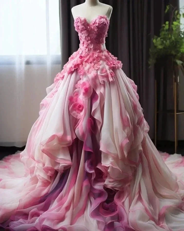 Beautiful Pink Chiffon Appliques Ball Gown Sweetheart Ombre Evening Dress Prom Dress Y8524 by simplepromdress