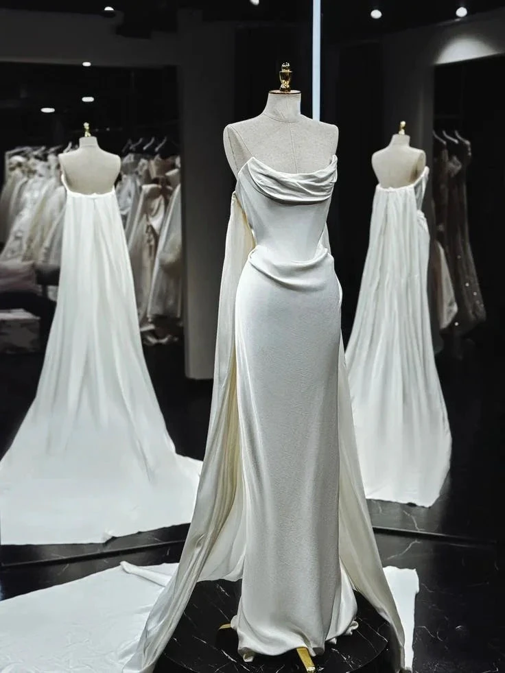 Classy Mermaid Strapless White Satin Wedding Dress Prom Dress Y7833 by simplepromdress