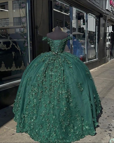 Vestido de quinceañera verde oscuro con apliques de encaje y flores 3D para fiesta de cumpleaños Y4254