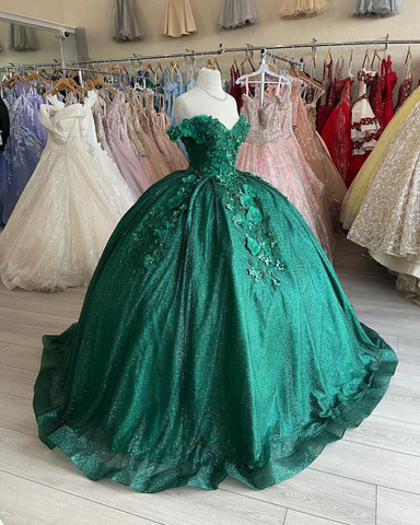 Vestido de fiesta verde con hombros descubiertos y flores para quinceañeras Y1116