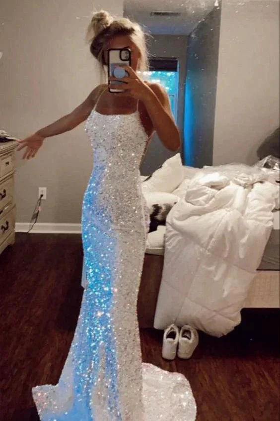 Sparkly Spaghetti Straps Mermaid White Sequin Prom Evening Dress Y8071 by simplepromdress