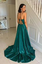 Green satin long prom dress A line evening dress Y243