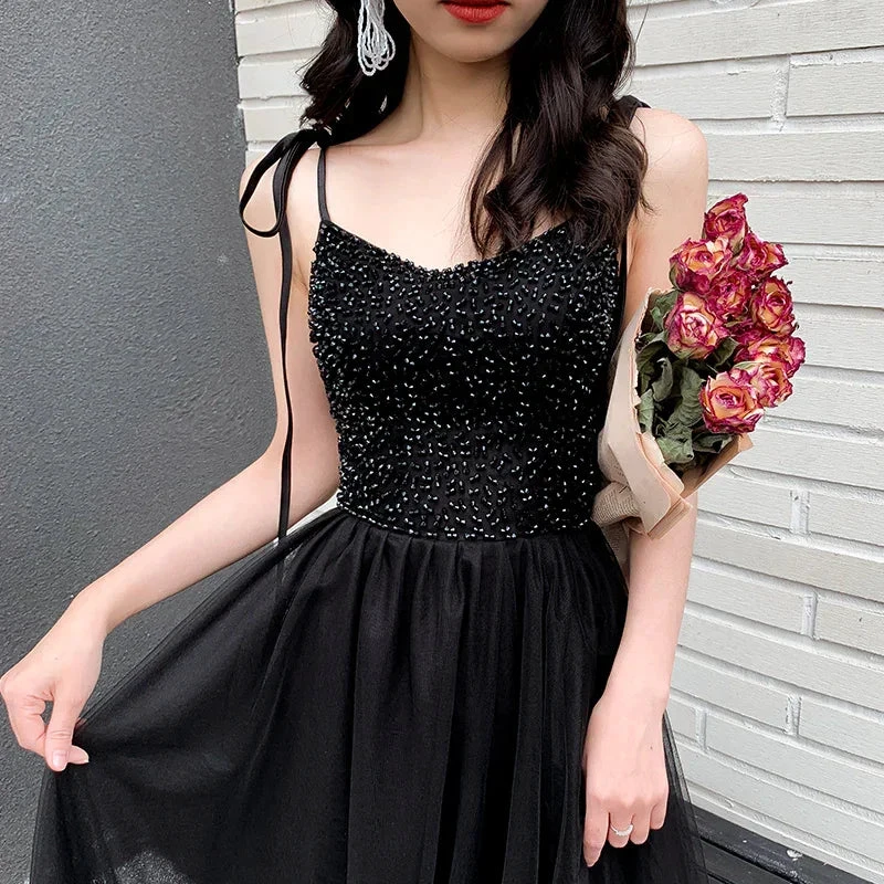 Black tulle beads long prom dress black evening dress Y1134 by simplepromdress