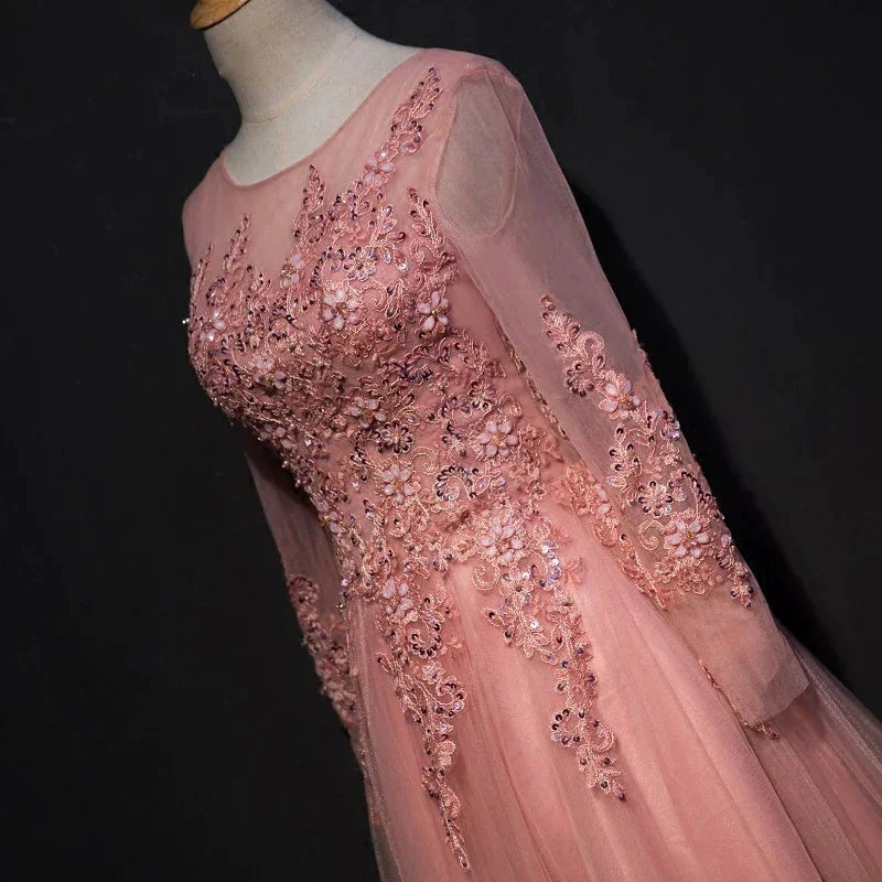 CHIC A-LINE SCOOP FLOOR LENGTH PINK TULLE APPLIQUE PROM DRESS EVENING DRESS Y1177 by simplepromdress