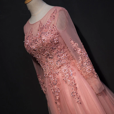 Elegante vestido de fiesta de noche con escote en A y largo hasta el suelo de tul rosa con apliques Y1177