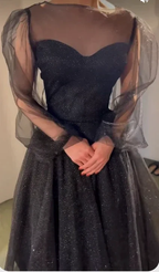 Black Shiny Prom Dress Tulle Sleeves Evening Dress Y35 by simplepromdress