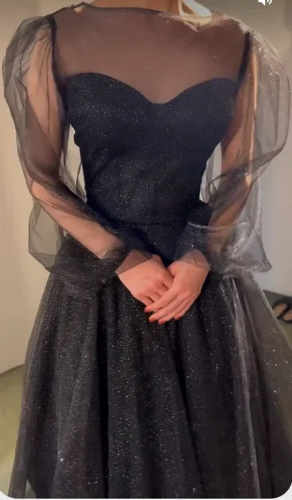 Black Shiny Prom Dress Tulle Sleeves Evening Dress Y35 by simplepromdress