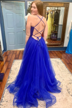 V Neck Backless Blue Tulle Long Prom Dress with High Slit, Backless Blue Formal Graduation Evening Dress Y218