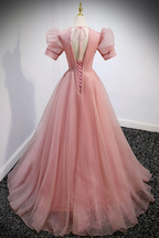 Pink V-Neck Tulle Long Prom Dresses A-Line Short Sleeve Evening Dresses Y892