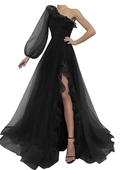 Burgundy tulle prom dress one shoulder evening dress S17925 by simplepromdress