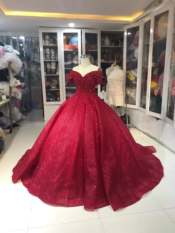 Luxuriöses schulterfreies rotes Glitzer-Ballkleid mit Perlenverzierung, Sweet 16-Kleid, Y1275