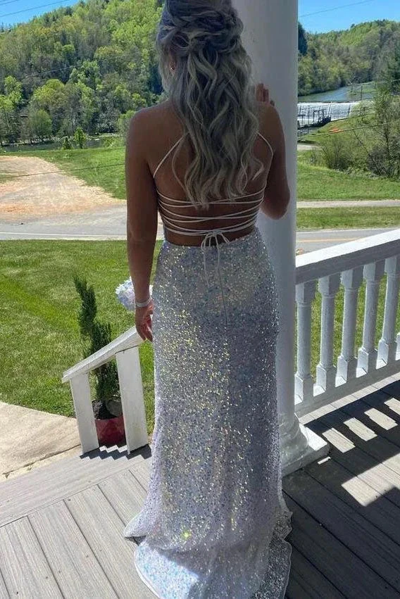 Sparkly Spaghetti Straps Mermaid White Sequin Prom Evening Dress Y8071 by simplepromdress