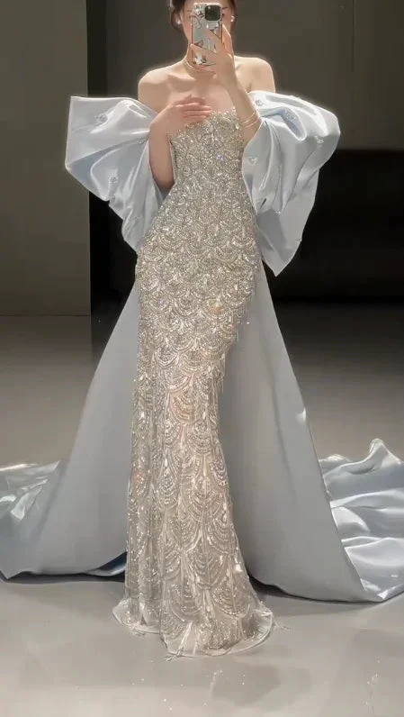 Sparkly Satin Beaded Mermaid Evening Dress Long Prom Dress With Bow Y8330 by simplepromdress
