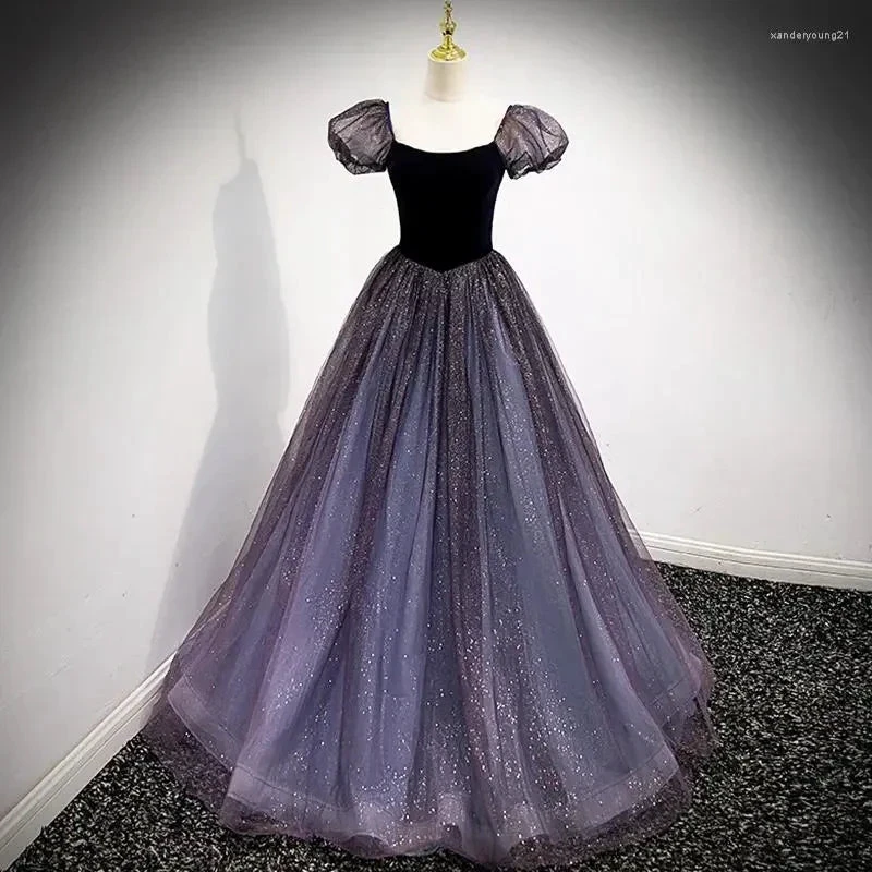 Purple Tulle Short Sleeve Formal Dress Cute A-Line Evening Dress Y4291 by simplepromdress
