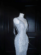 Dream Blue Tulle Beaded Chain V Neck Long Mermaid Prom Dress Evening Dress Y8665 by simplepromdress