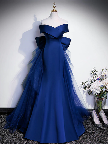 Vestido de fiesta largo de satén azul real con corte sirena y hombros descubiertos, vestido de noche azul Y7429