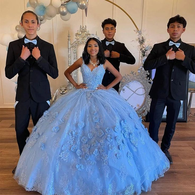 Light Sky Blue Quinceanera Off Shoulder Tulle 3D Floral Formal Birthday Luxury Dress 15th Ball Gown Y6958 Main Image