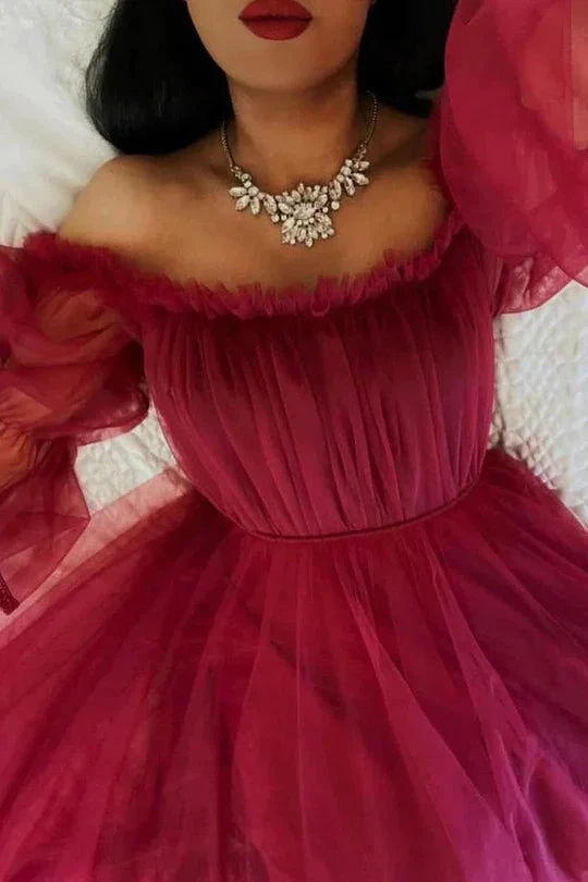 Burgundy Tulle Evening Dress With Long Sleeves Y503 by simplepromdress