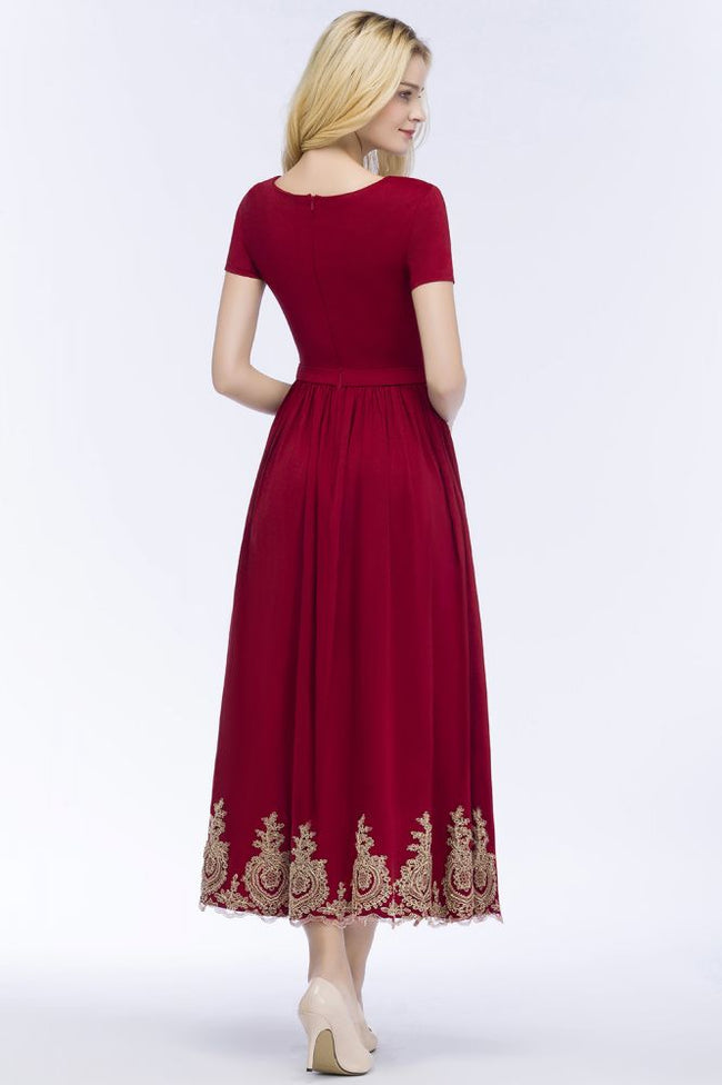 A-line Ankle Length Short Sleeves Appliques Plus Size Prom Dresses with Sash Main Image