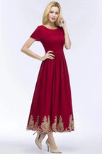 A-line Ankle Length Short Sleeves Appliques Plus Size Prom Dresses with Sash by misshow.com