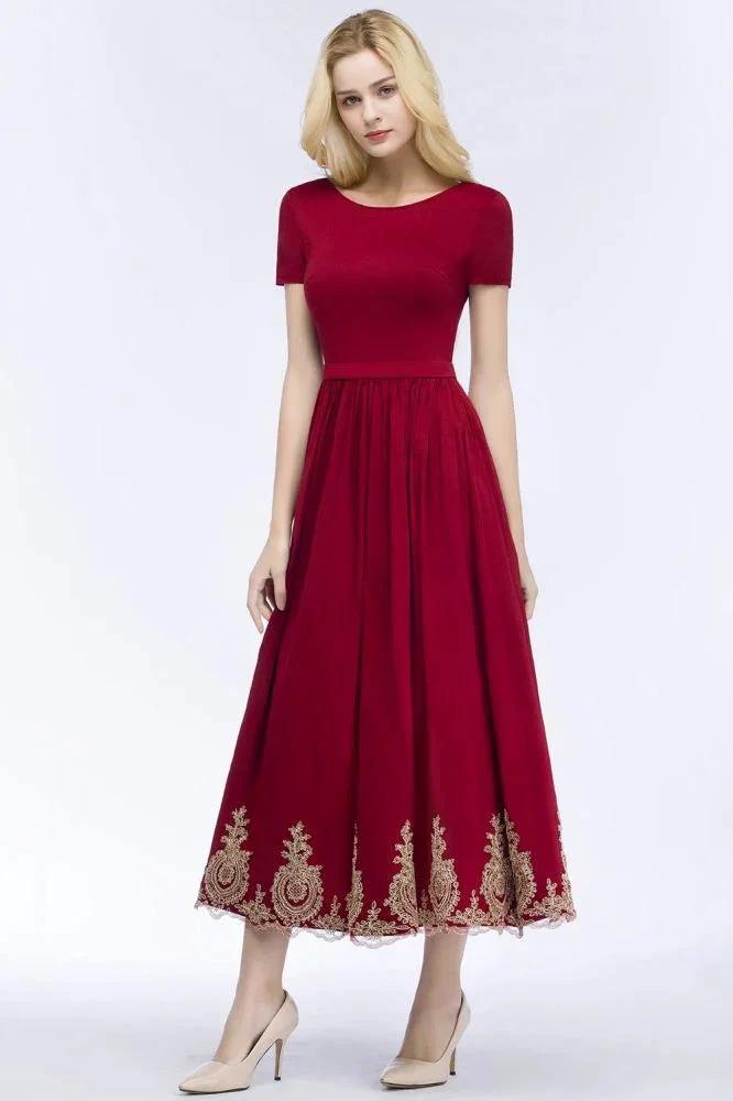 A-line Ankle Length Short Sleeves Appliques Plus Size Prom Dresses with Sash by misshow.com