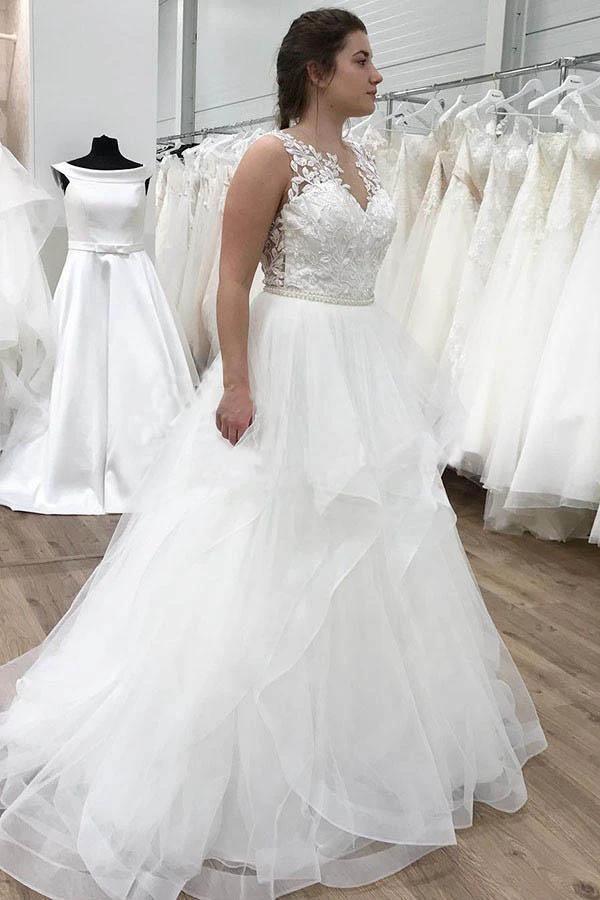 A-line Appliques Ruffles Organza Floor Length Wedding Dress WD358 by pgmdress