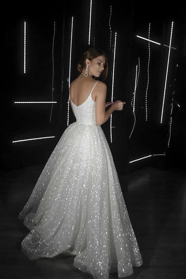 A Line Backless Beach Wedding Dress V Neck Sequins Ivory Wedding Gowns WD294 by pgmdress