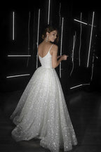 A Line Backless Beach Wedding Dress V Neck Sequins Ivory Wedding Gowns WD294 by pgmdress