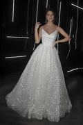 A Line Backless Beach Wedding Dress V Neck Sequins Ivory Wedding Gowns WD294 by pgmdress