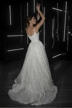 A Line Backless Beach Wedding Dress V Neck Sequins Ivory Wedding Gowns WD294 by pgmdress
