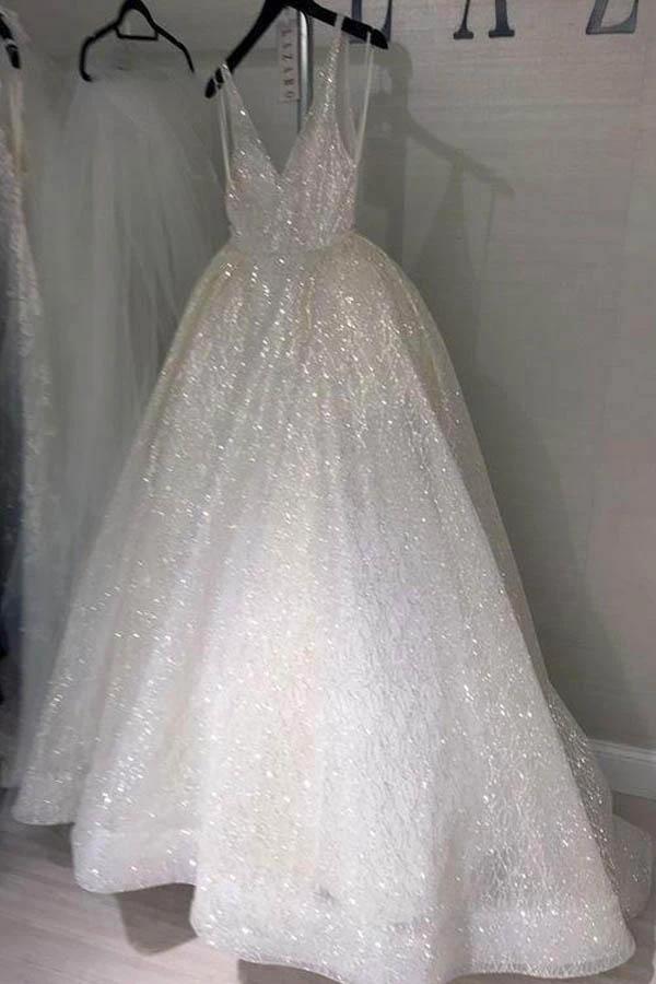 A Line Backless Beach Wedding Dress V Neck Sequins Ivory Wedding Gowns WD294 by pgmdress