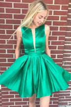 A-line Bateau Backless Knee Length Green Homecoming Dress with Pockets PD380 by pgmdress