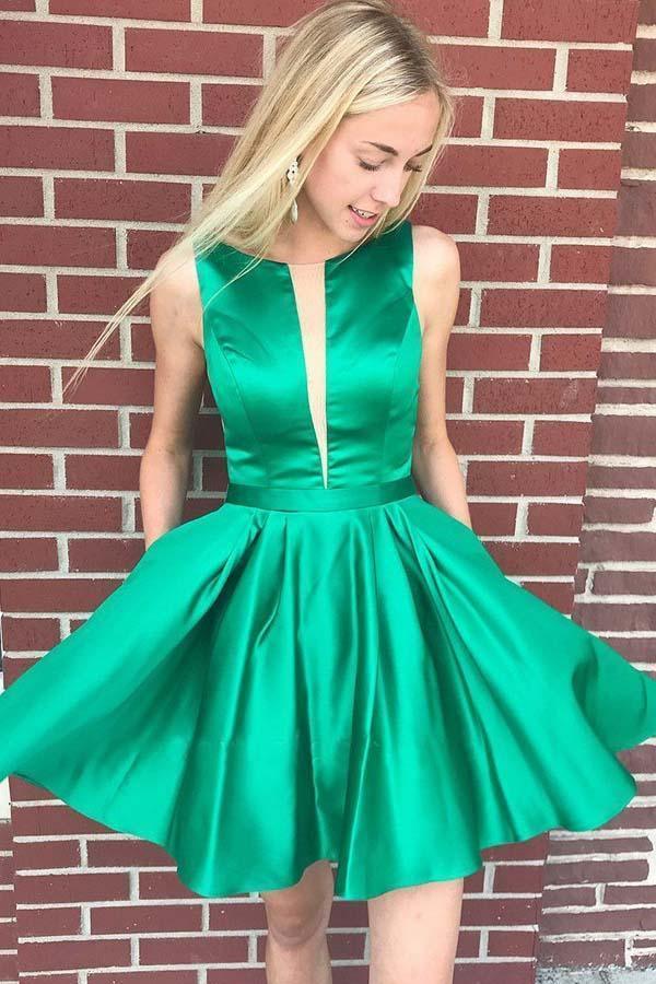 A-line Bateau Backless Knee Length Green Homecoming Dress with Pockets PD380 Hover Image