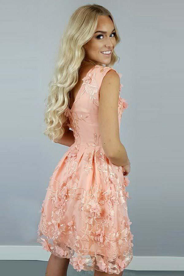 A-Line Bateau  Coral Satin Homecoming Dress with Appliques Flowers PD112 Main Image
