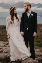 A-Line Bateau Floor Length Chiffon Wedding Dress with Long Sleeves WD319 by pgmdress