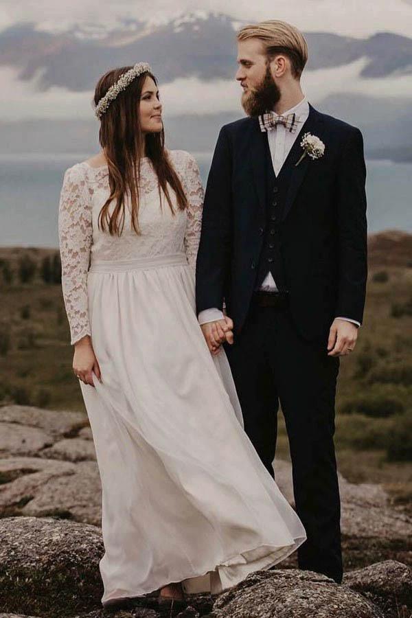 A-Line Bateau Floor Length Chiffon Wedding Dress with Long Sleeves WD319 by pgmdress