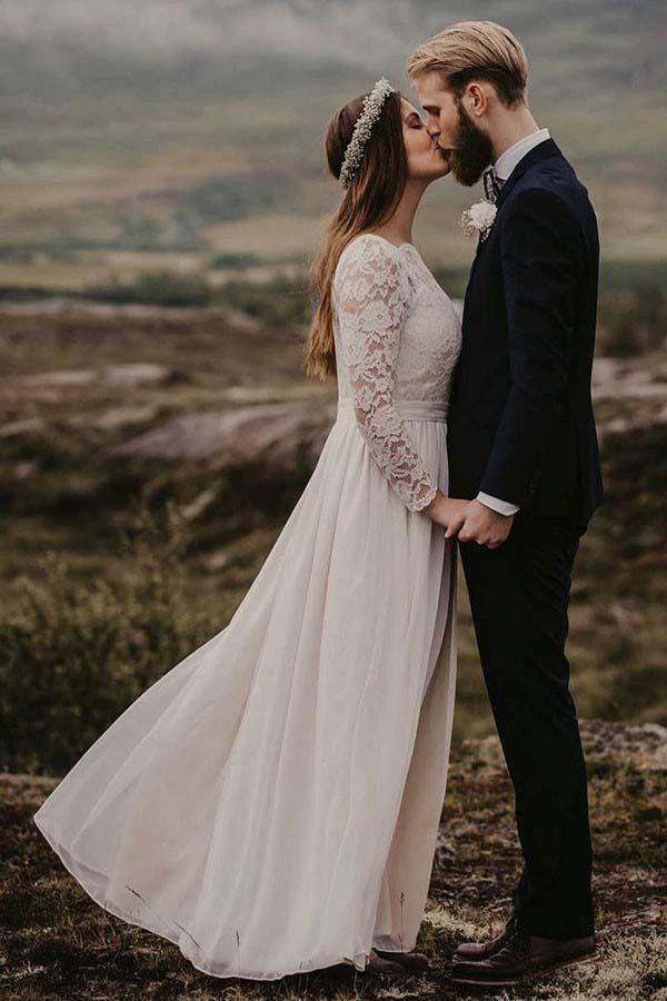 A-Line Bateau Floor Length Chiffon Wedding Dress with Long Sleeves WD319 by pgmdress