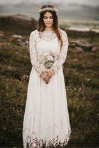 A-Line Bateau Floor Length Chiffon Wedding Dress with Long Sleeves WD319 by pgmdress