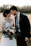 A Line Bateau Long Sleeve Rustic Lace Wedding Dresses Bridal Dress WD522 by pgmdress
