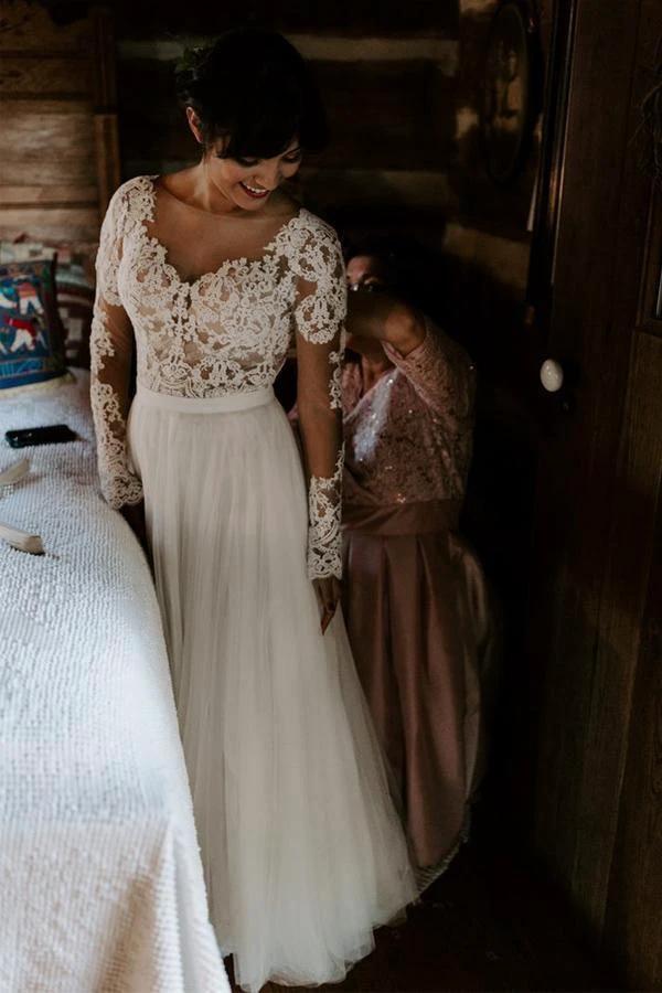 A Line Bateau Long Sleeve Rustic Lace Wedding Dresses Bridal Dress WD522 by pgmdress