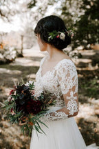 A Line Bateau Long Sleeve Rustic Lace Wedding Dresses Bridal Dress WD522 by pgmdress