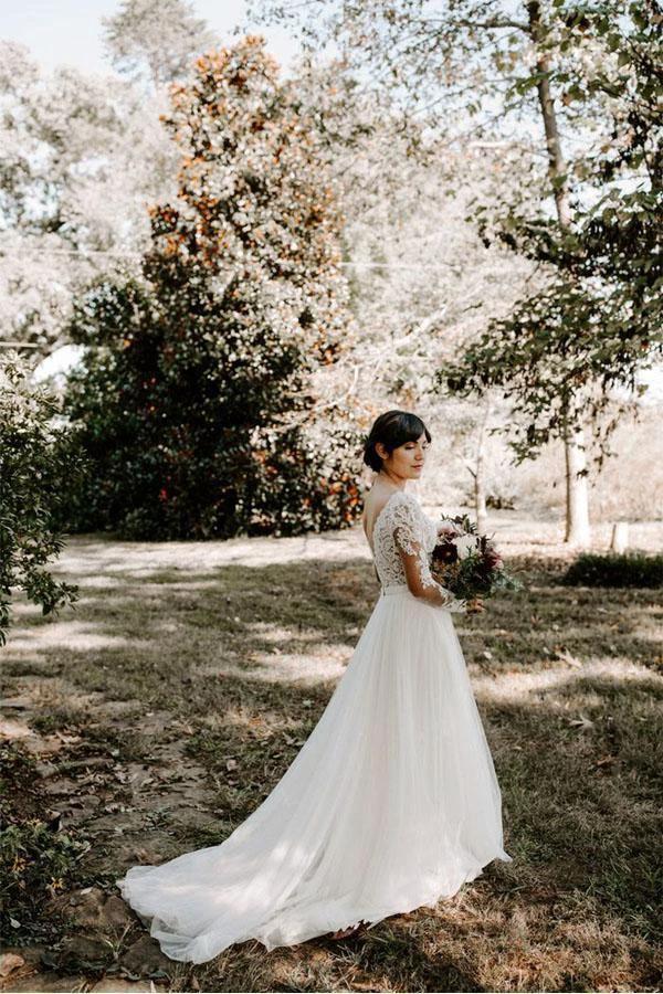 A Line Bateau Long Sleeve Rustic Lace Wedding Dresses Bridal Dress WD522 by pgmdress