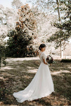 A Line Bateau Long Sleeve Rustic Lace Wedding Dresses Bridal Dress WD522 by pgmdress
